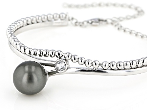 12mm Cultured Tahitian Pearl And 0.3ctw White Topaz Rhodium Over Sterling Silver Bracelet - Size 7