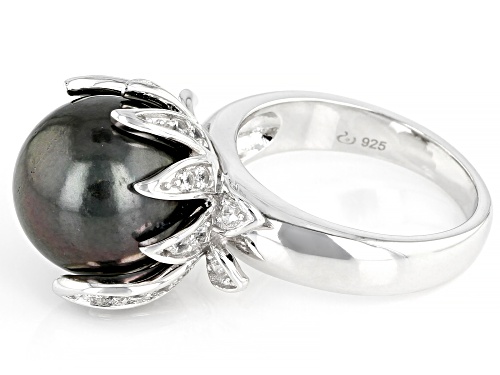 12mm Cultured Tahitian Pearl And 0.92ctw White Zircon Rhodium Over Sterling Silver Ring - Size 8