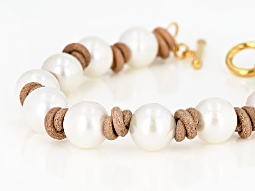 10-11mm Cultured Freshwater Pearl With Tan Suede & 18k Yellow Gold Over Sterling Silver Bracelet - Size 8