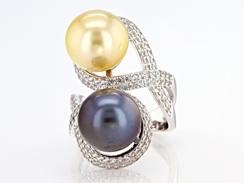12mm Golden Cultured South Sea & 12mm Tahitian Pearl With White Zircon Rhodium Over Silver Ring - Size 12