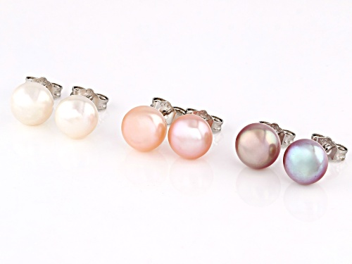 8-9mm White, Peach, and Lavender Cultured Freshwater Pearl Rhodium Over Silver Earrings Box Set of 3