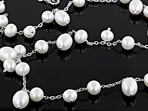 7-10mm White Cultured Freshwater Pearl Rhodium Over Sterling Silver 36 Inch Necklace - Size 36