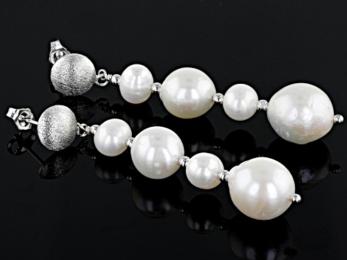 Genusis™ 10-13mm & 7-8mm White Cultured Freshwater Pearl Rhodium Over Sterling Silver Earrings