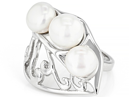 7.5mm White Cultured Freshwater Pearl Rhodium Over Sterling Silver Ring - Size 7
