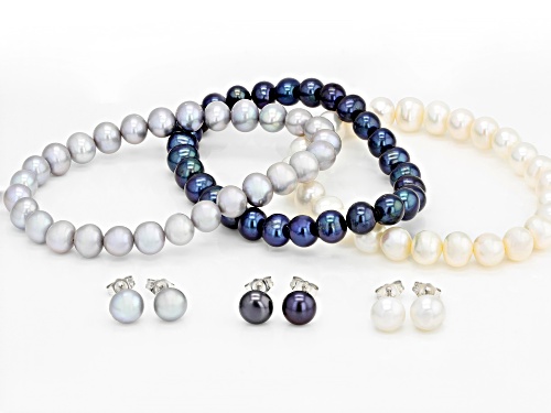 7-8mm Multi-color Cultured Freshwater Pearl Stretch Bracelet & Rhodium Over Silver Earrings Set of 3