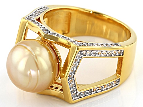 10mm Golden Cultured South Pearl And White Topaz 18k Yellow Gold Over Sterling Silver Ring - Size 9