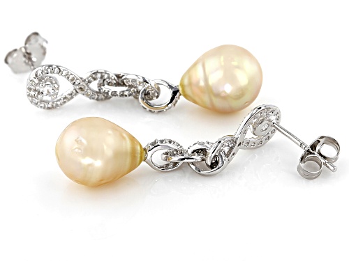 9-10mm Golden Cultured South Pearl And White Topaz Rhodium Over Sterling Silver Drop Earrings