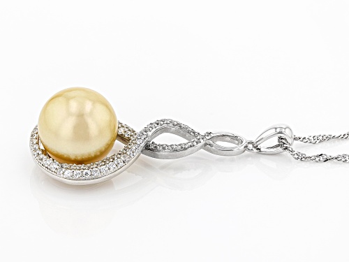 11-12mm Golden Cultured South Sea Pearl & White Zircon Rhodium Over Sterling Silver Pendant