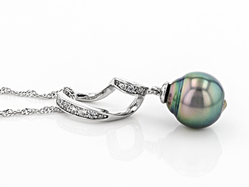 10-11mm Cultured Tahitian Pearl & White Zircon Rhodium Over Sterling Silver Pendant With Chain