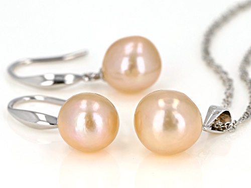 Genusis™ 10-12mm Peach Cultured Freshwater Pearl Rhodium Over Sterling Silver Earrings & Pendant Set