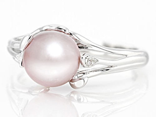 8-8.5mm Pink Cultured Freshwater Pearl & White Zircon Rhodium Over Sterling Silver Ring - Size 7