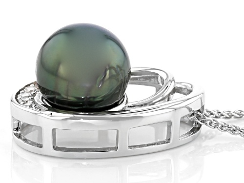 9-10mm Cultured Tahitian Pearl & White Zircon Rhodium Over Sterling Silver Pendant With Chain