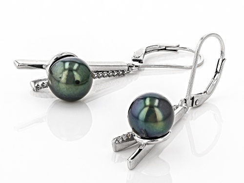8-9mm Cultured Tahitian Pearl & White Zircon Rhodium Over Sterling Silver Earrings