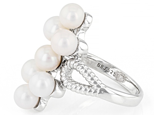 5.5-6mm White Cultured Freshwater Pearl Rhodium Over Sterling Silver Cluster Ring - Size 12