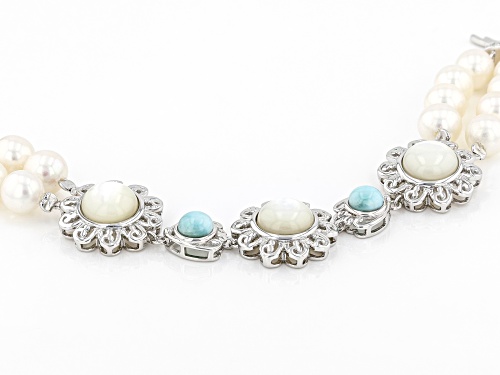 White Cultured Freshwater Pearl, Mother-of-Pearl, & Larimar Rhodium Over Sterling Silver Bracelet - Size 8