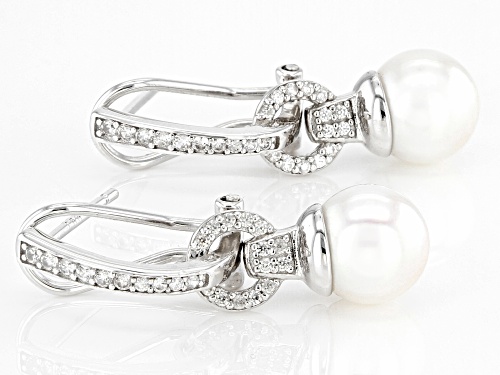 8mm White Cultured Japanese Akoya Pearl & 0.42ctw White Zircon Rhodium Over Sterling Silver Earrings