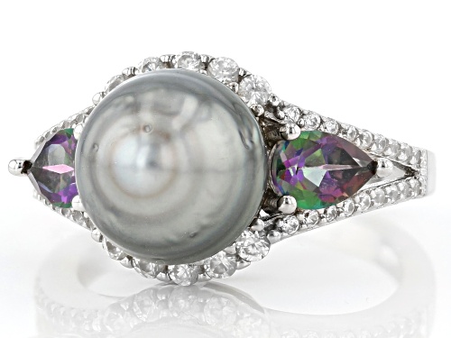 9.5-10mm Cultured Tahitian Pearl, Mystic Topaz, & White Zircon Rhodium Over Sterling Silver Ring - Size 10