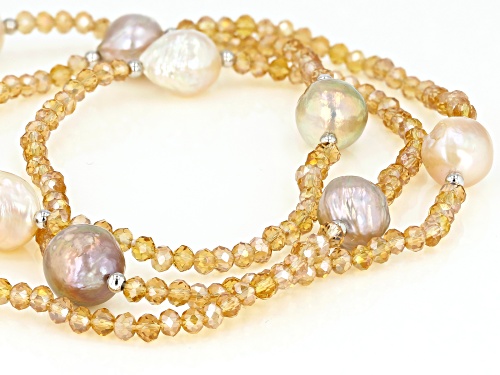 Genusis™ 10-12mm Cultured Freshwater Pearl & Champange Crystal Rhodium Over Silver 32 Inch Necklace - Size 32