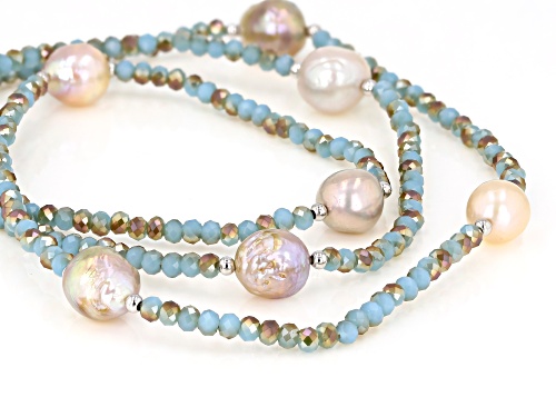 Genusis™ 10-12mm Cultured Freshwater Pearl & Green Crystal Rhodium Over Silver 32 Inch Necklace - Size 32