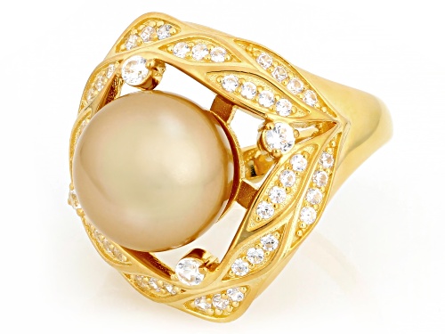 10mm Golden Cultured South Sea Pearl With Zircon 18k Yellow Gold Over Sterling Silver Ring - Size 12