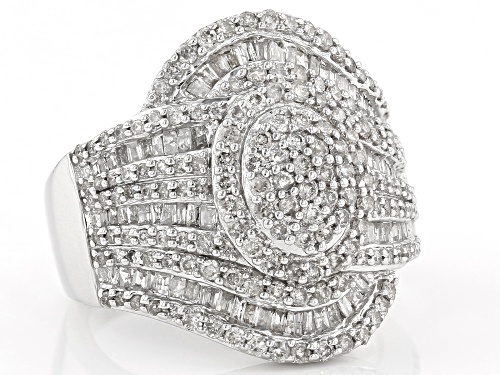 1.63ctw Round And Baguette White Diamond Rhodium Over Sterling Silver Cluster Ring - Size 7