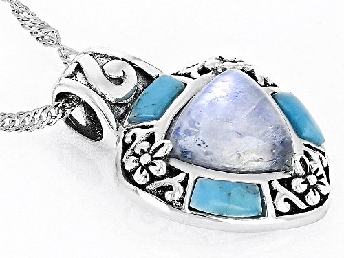 9mm Cabochon Rainbow Moonstone with Free-Form Turquoise Silver Pendant with Chain