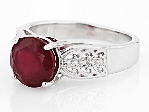 3.25ct Round Mahaleo® Ruby and 0.11ctw White Zircon Rhodium Over Sterling Silver Ring - Size 6