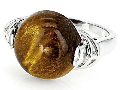 15mm Round Tiger's Eye Rhodium Over Sterling Silver Solitaire Ring - Size 8