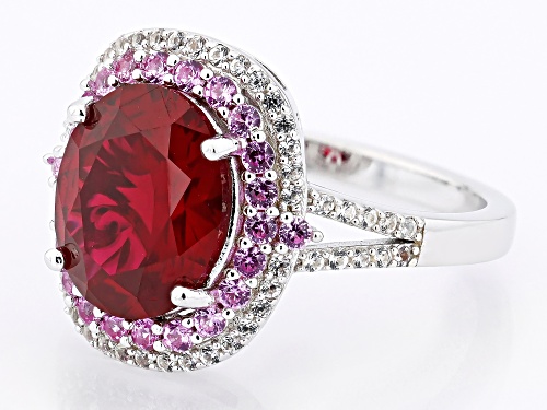 4.18ct Lab Ruby with 0.74ctw Lab Pink and Lab White Sapphire Rhodium Over Sterling Silver Ring - Size 7