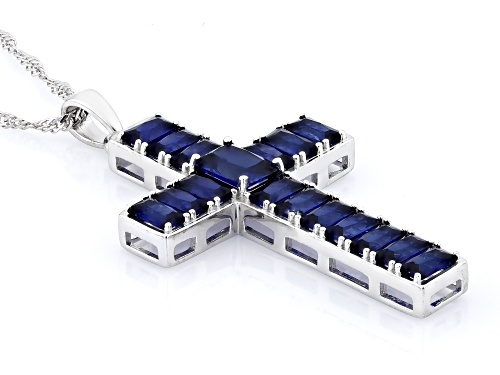 5.92ctw Rectangular Octagonal Lab Created Blue Sapphire Rhodium Over Silver Cross Pendant with Chain