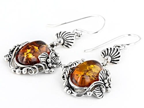 Oval Orange Amber Sterling Silver Dangle Earrings