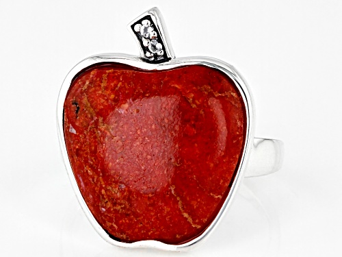 16mm Custom Sponge Coral With 0.03ctw Round White Topaz Sterling Silver Apple Ring - Size 7