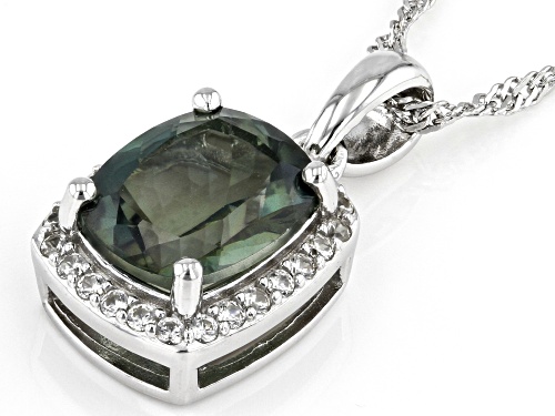 1.78ct Cushion Green Labradorite With 6.53ctw White Zircon Rhodium Over Silver Pendant With Chain