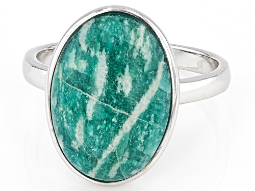 16x11mm Oval Cabochon Amazonite Rhodium Over Sterling Silver Solitaire Ring - Size 6