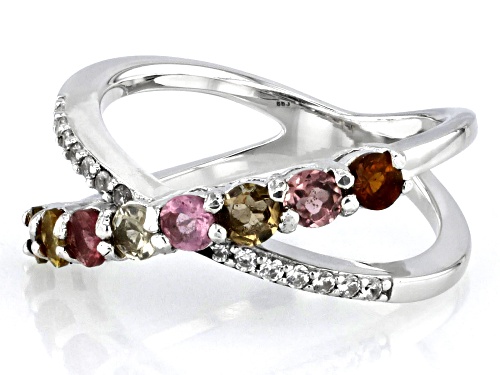 0.78ctw Round Multi Tourmaline With 0.09ctw White Zircon Rhodium Over Sterling Silver Crossover Ring - Size 7