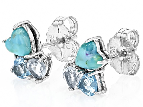 5mm Turquoise,.59ctw Swiss Blue Topaz, .58ctw Glacier Topaz™ Rhodium Over Silver Stud Earrings