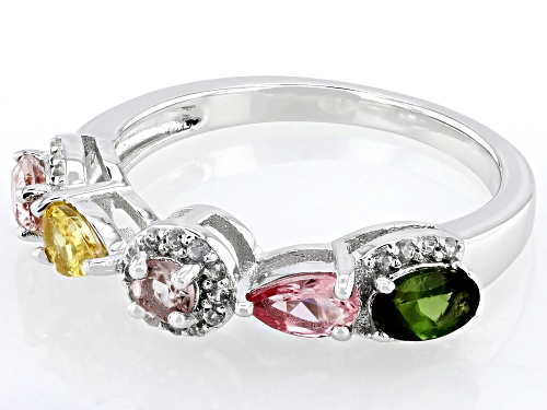 0.85ctw Mixed Shapes Multi-Tourmaline With .58ctw White Zircon Rhodium Over Sterling Silver Ring - Size 7