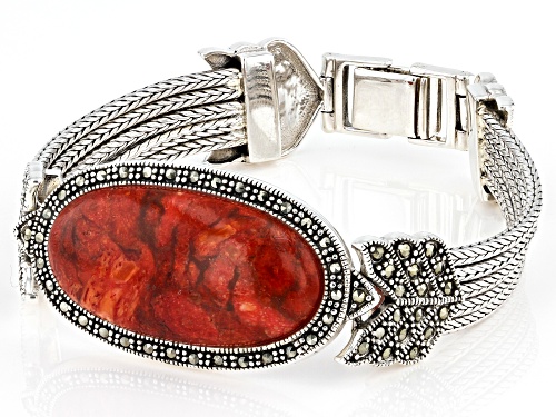 32x16mm Oval Cabochon Sponge Red Coral With Round Marcasite Sterling Silver Bracelet - Size 8