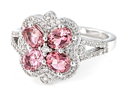 1.20ctw Pink Tourmaline With White Zircon Rhodium Over Sterling Silver Ring - Size 10