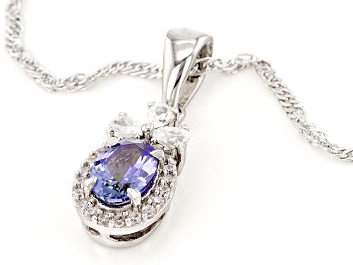 1.01ctw Blue Ocean Tanzanite With White Zircon Rhodium Over Sterling Silver Pendant With Chain