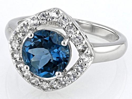 2.04ct Round London Blue Topaz With 0.46ctw White Topaz Rhodium Over Sterling Silver Ring - Size 7