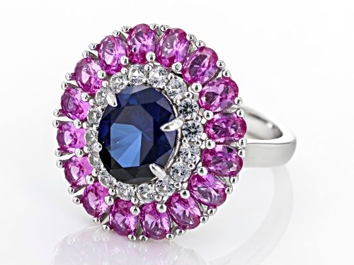 2.55ct Oval Lab Blue Sapphire,2.99ctw Lab Pink And Lab White Sapphire Rhodium Over Silver Ring - Size 6