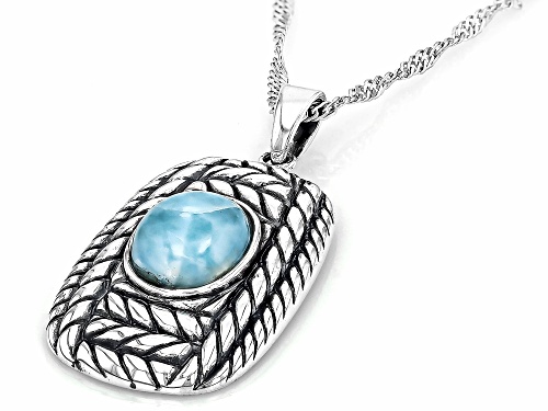 10x8mm Oval Cabochon Blue Larimar Rhodium Over Sterling Silver Pendant With Chain