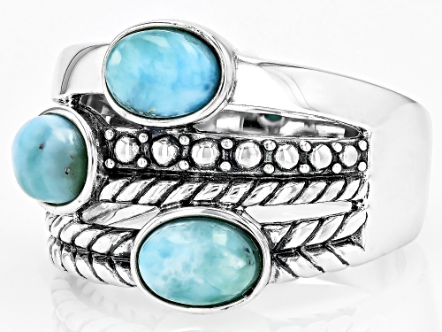 7x5mm Oval Cabochon Blue Larimar Rhodium Over Sterling Silver Ring - Size 9