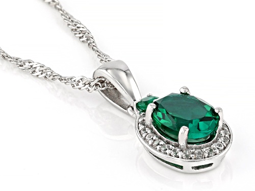 .94ct Oval & .05ctw Round Lab Emerald With .13ctw White Zircon Rhodium Over Silver Pendant/Chain