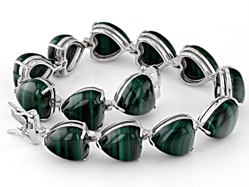 12mm Green Heart Shaped Malachite Sterling Silver Bracelet - Size 8
