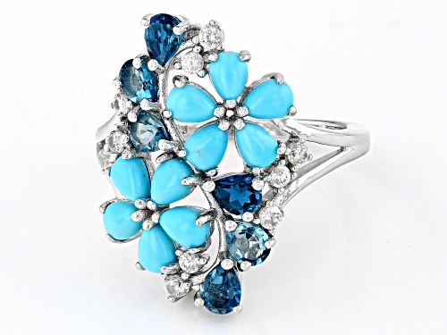 4x3mm Sleeping Beauty Turquoise,.92ctw London Blue Topaz, .34ctw zircon Rhodium Over Silver Ring - Size 5