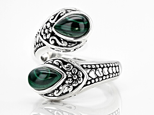 8x5mm Pear Shape Cabochon Malachite Sterling Silver Bypass Ring - Size 6