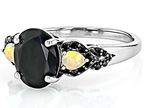 2.12ctw Mixed Shapes Black Spinel With 0.15ctw Ethiopian Opal Rhodium Over Sterling Silver Ring - Size 8