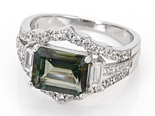 1.89ct Rectangular Octagonal Green Labradorite With 0.94ctw White Zircon Rhodium Over Silver Ring - Size 7